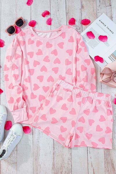 Heart Print Round Neck Top and Shorts Lounge Set