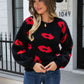 Printed Round Neck Long Sleeve Fuzzy Sweater