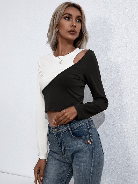 Cropped Contrast Color Round Neck Tee