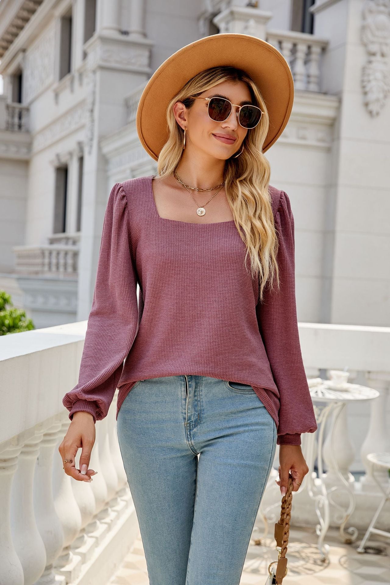 Waffle-Knit Puff Sleeve Square Neck Top