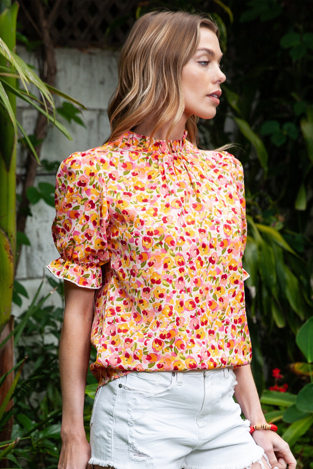 Floral Puff Sleeve Keyhole Blouse