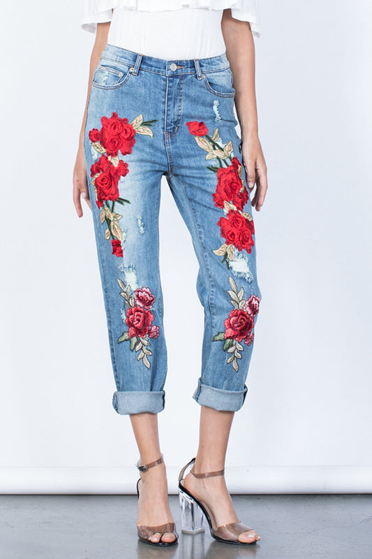 Flower Embroidery Buttoned Jeans