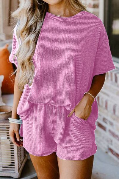 Round Neck Top and Pocketed Shorts Set