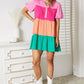 Color Block Buttoned Puff Sleeve Dress