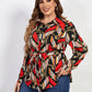 Plus Size Printed Collared Neck Tie Waist Long Sleeve Shirt