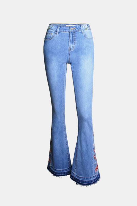 Buttoned Raw Hem Flare Jeans