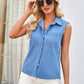 Pocketed Button Up Sleeveless Denim Top