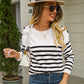 Round Neck Shoulder Button Striped Pullover Sweater