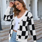 Button-Up Plaid V-Neck Dropped Shoulder Cardigan