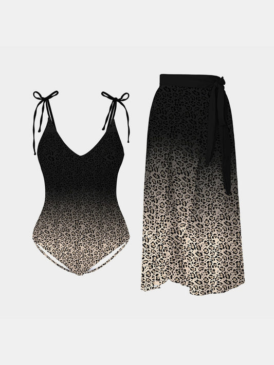 Leopard Tie Shoulder Swimwear and Skirt Swim Set