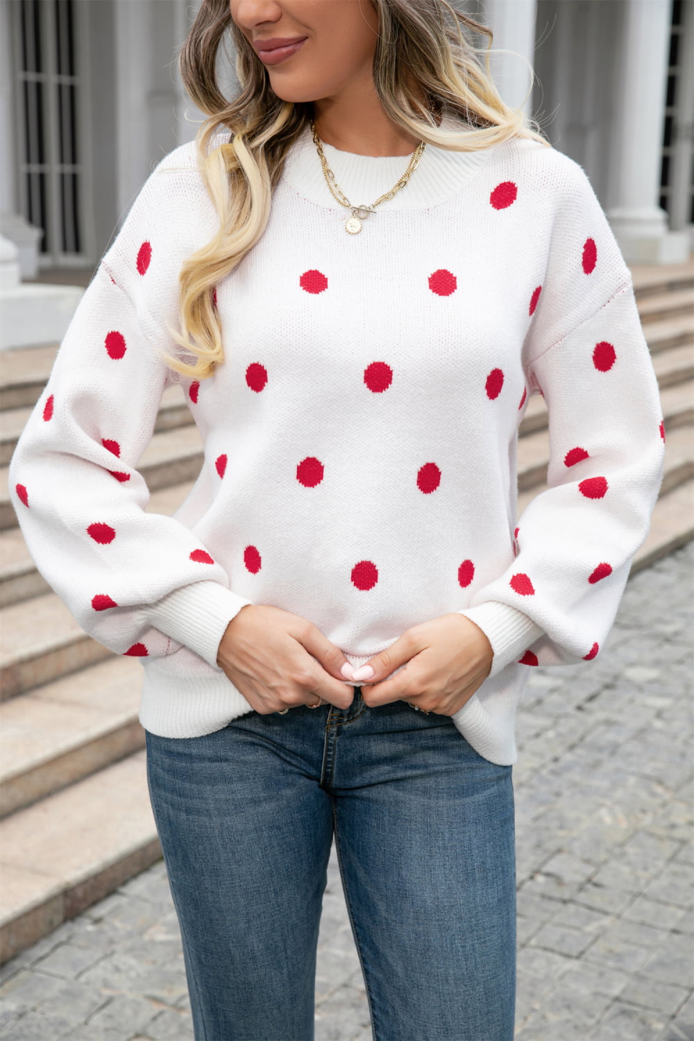 Polka Dot Round Neck Dropped Shoulder Sweater