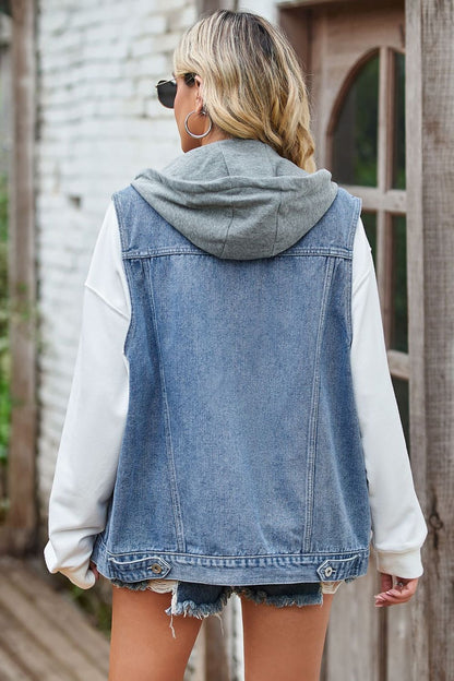Sleeveless Denim Jacket with A Detachable Hood