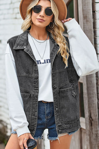 Sleeveless Denim Jacket with A Detachable Hood