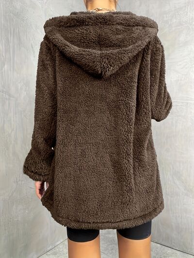 Fuzzy Pocketed Open Front Hooded Jacket