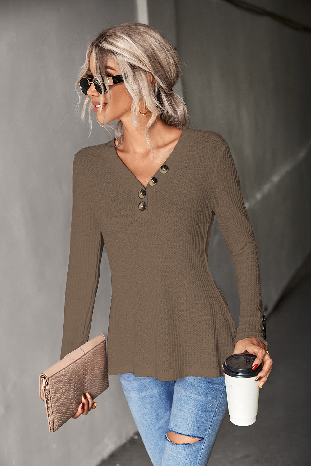 Waffle-Knit Button Detail V-Neck Top