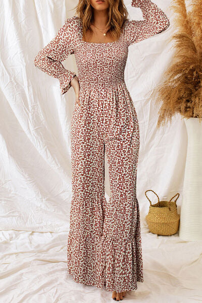 Floral Smocked Flounce Sleeve Square Neck Jumpsuit