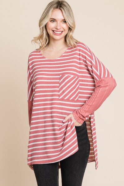 Culture Code Oversize Striped Round Neck Long Sleeve Slit T-Shirt