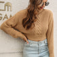 Cropped Mock Neck Cable-Knit Pullover Sweater