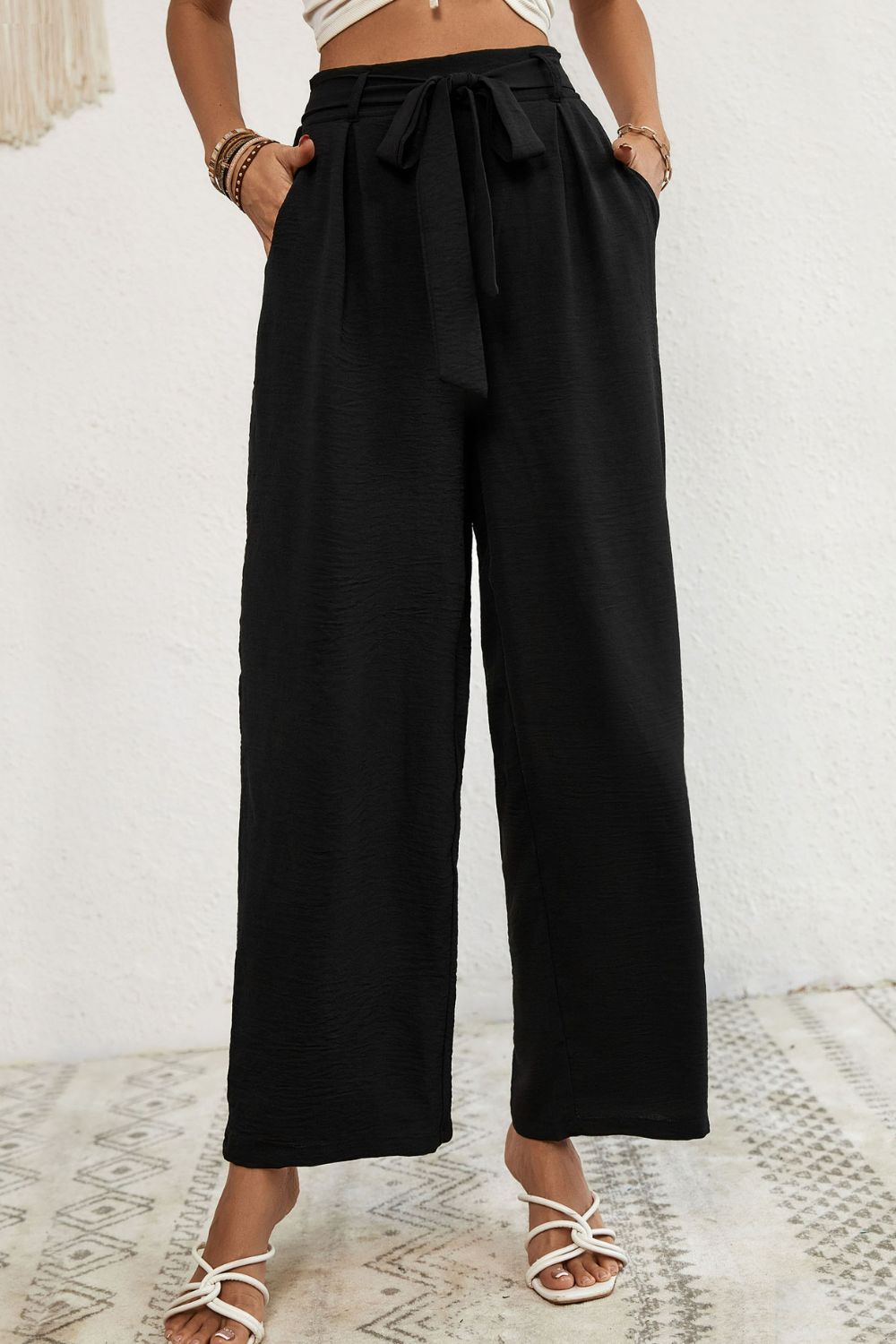 Belted Pleated Waist Wide Leg Pants