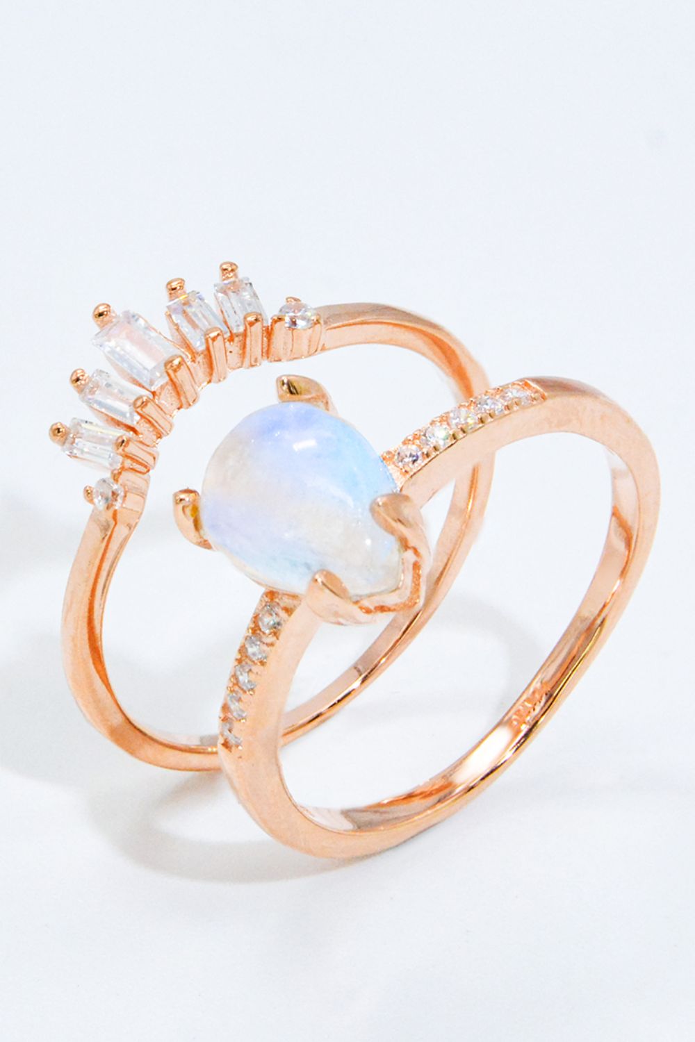 Natural Moonstone and Zircon 18K Rose Gold-Plated Two-Piece Ring Set