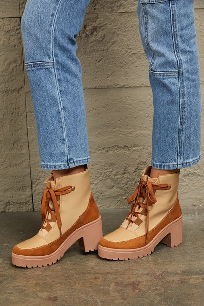 Lace Up Lug Booties in Tan