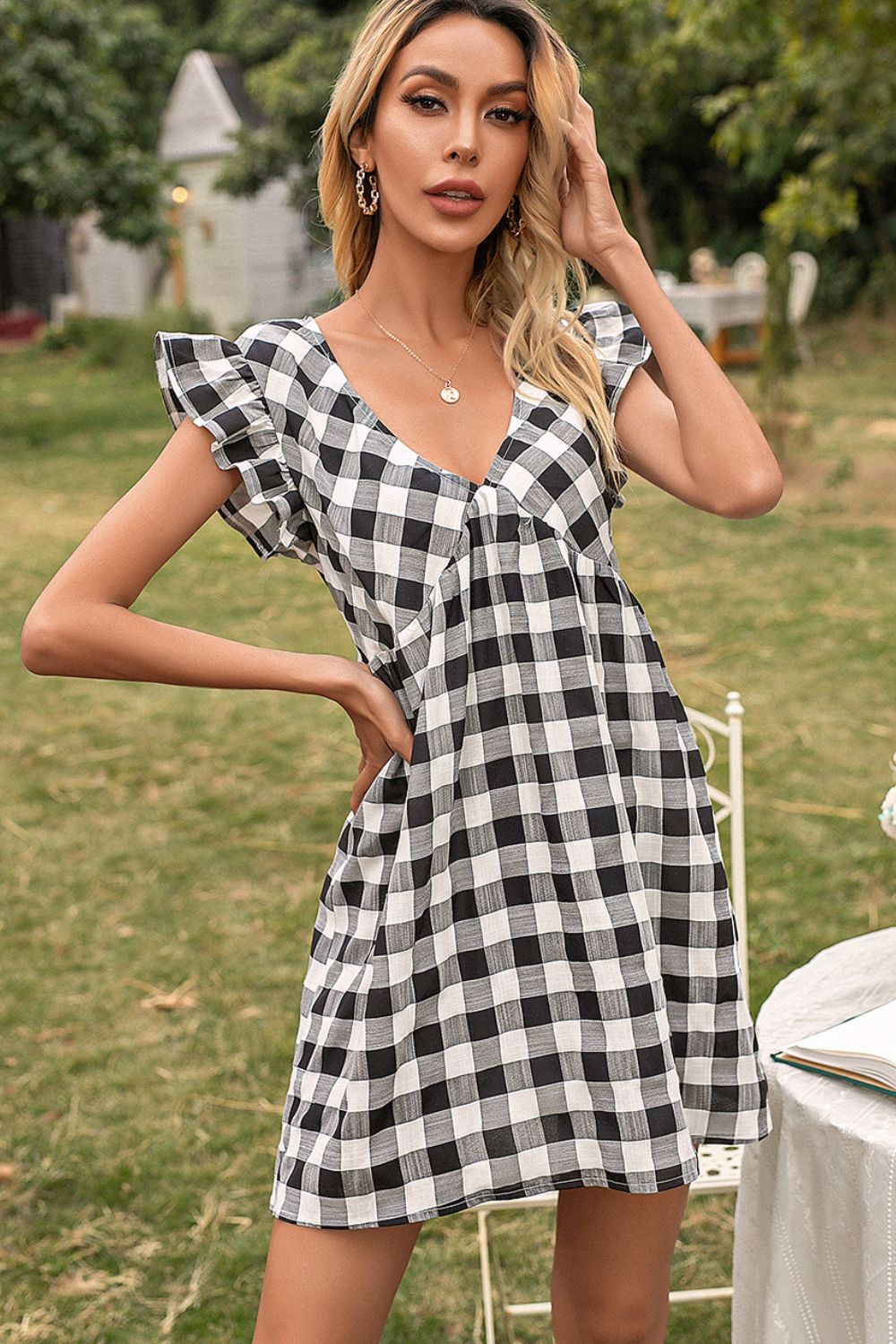 Plaid Butterfly Sleeve Deep V Dress