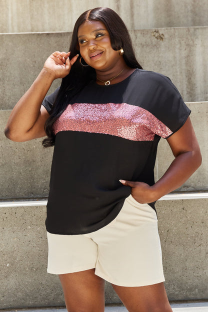 Center Mesh Sequin Top in Black/Mauve