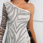 Zebra Print Rhinestone Slit Single Shoulder Dress