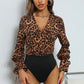 Leopard Print Tie Cuff Spliced Bodysuit