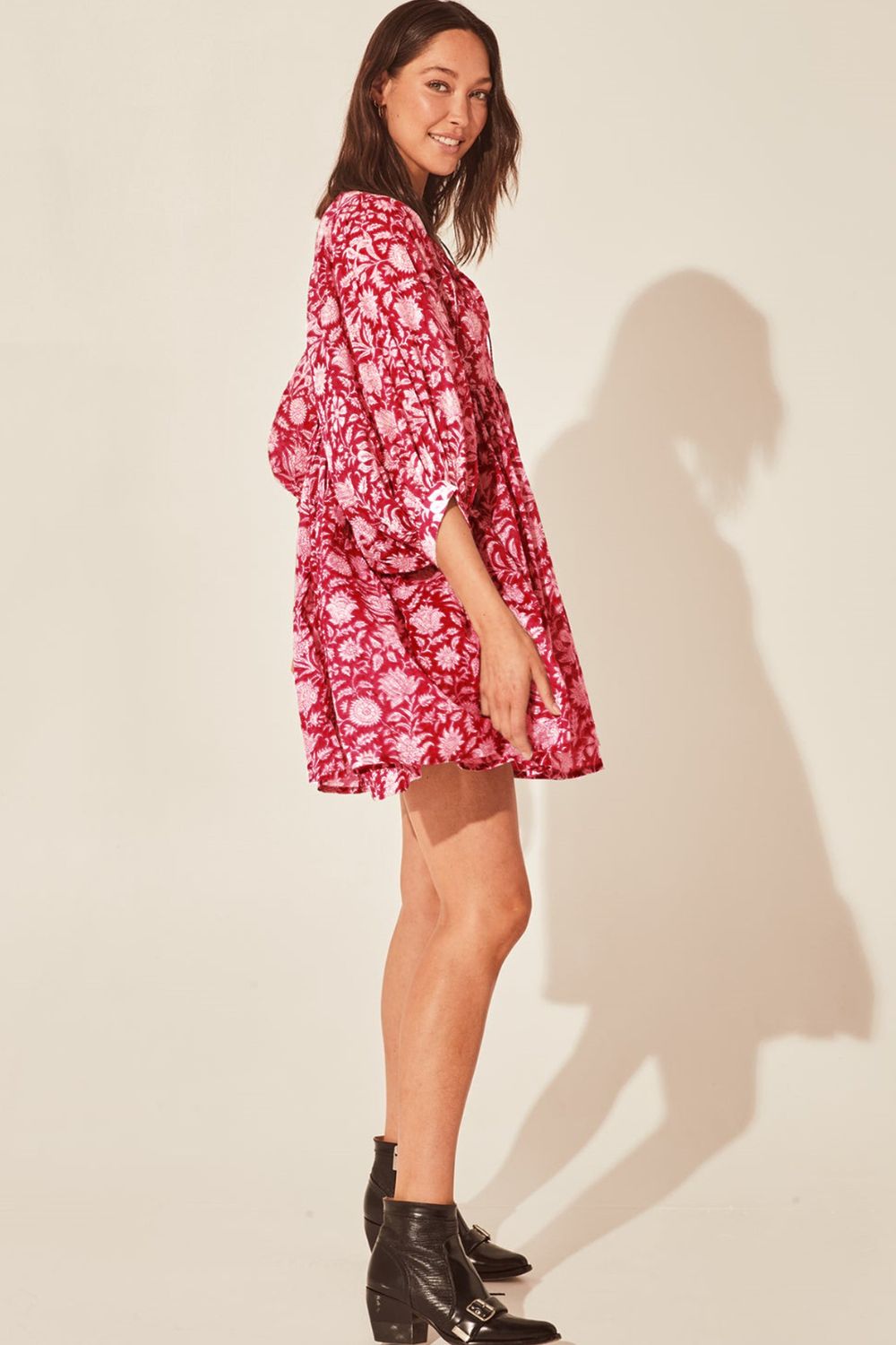 Floral Tie Neck Lantern Sleeve Dress