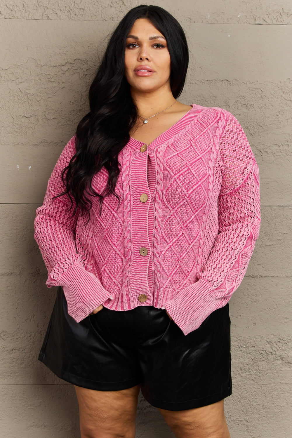 HEYSON Soft Focus Wash Cable Knit Cardigan in Fuchsia