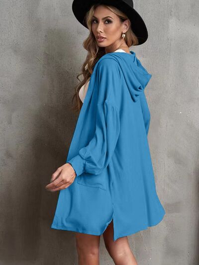 Pocketed Slit Open Front Hooded Cardigan