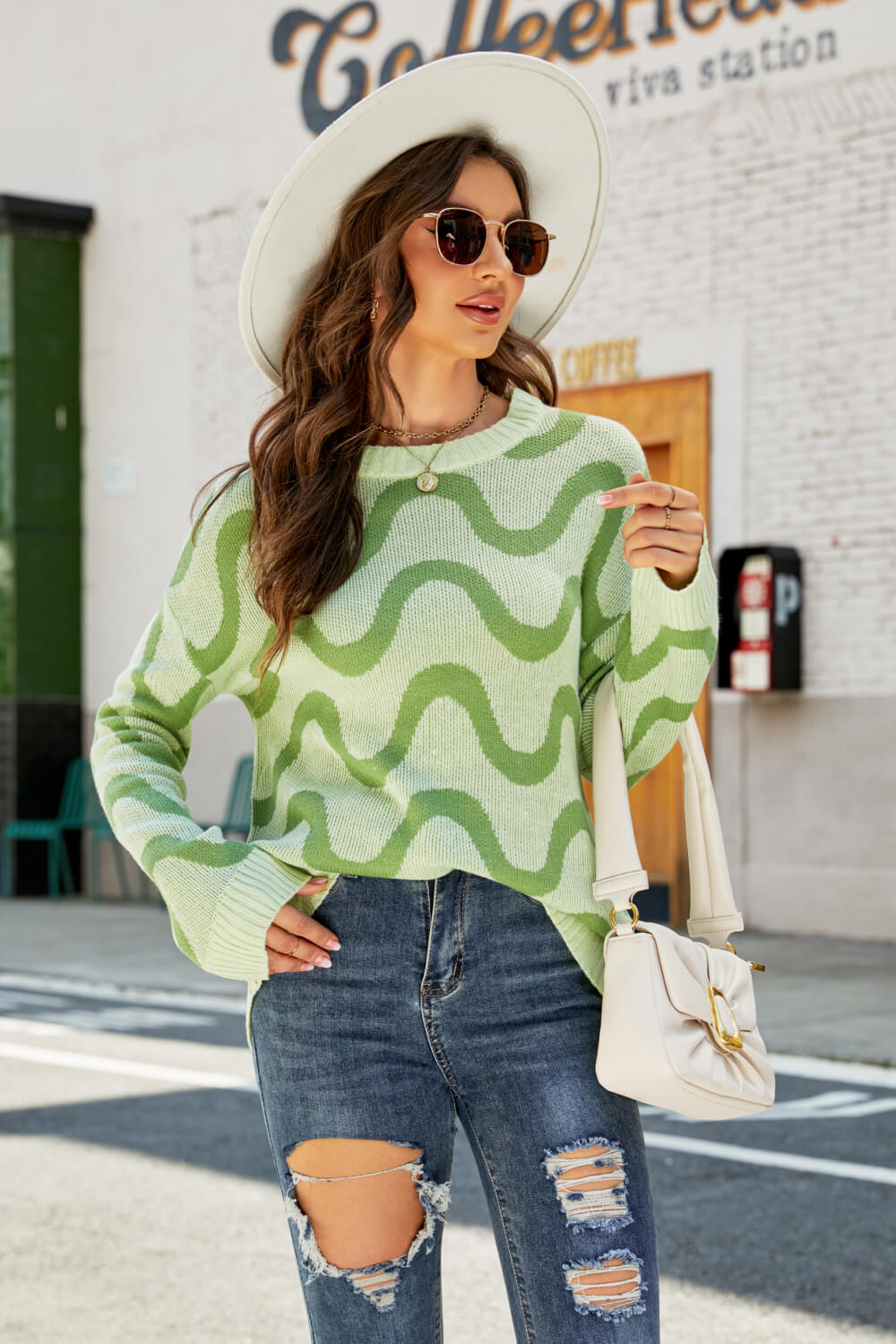 Wave Stripe Ribbed Trim Tunic Sweater