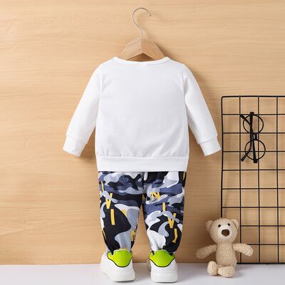 Bear Round Neck Top and Camouflage Pants Set