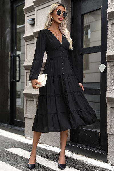 Tiered Ruched Button Up Midi Dress