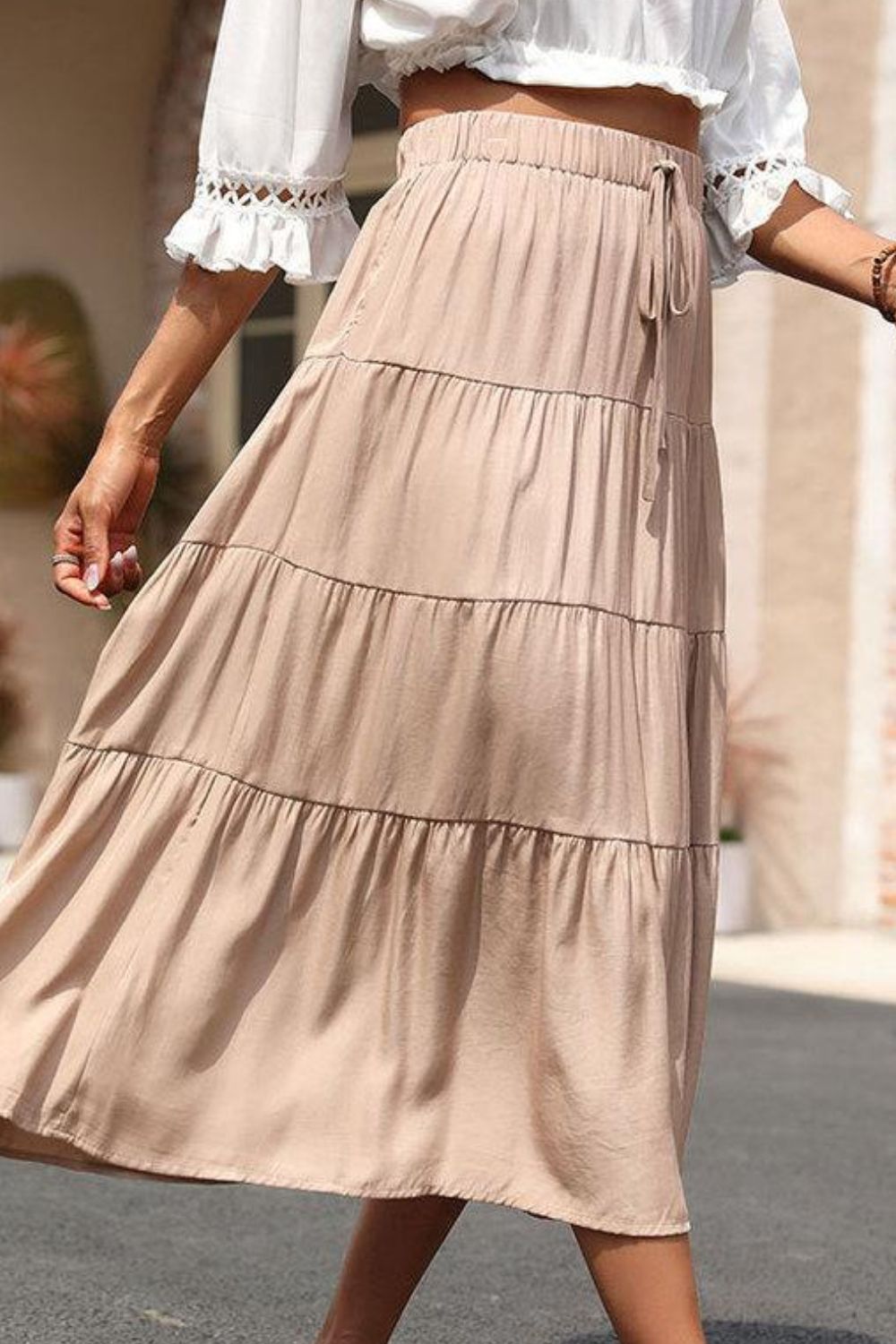 Woman wearing Khaki Tiered Midi Skirt