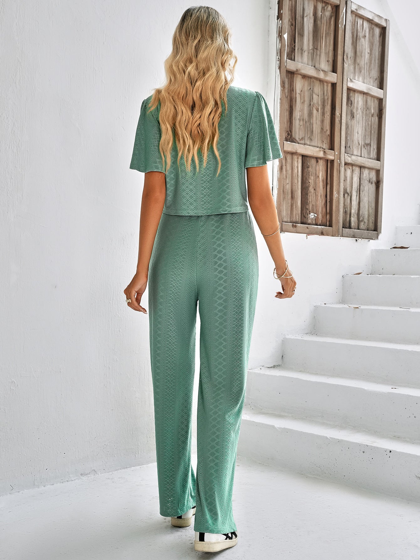 Textured Flutter Sleeve Top and Pants Set