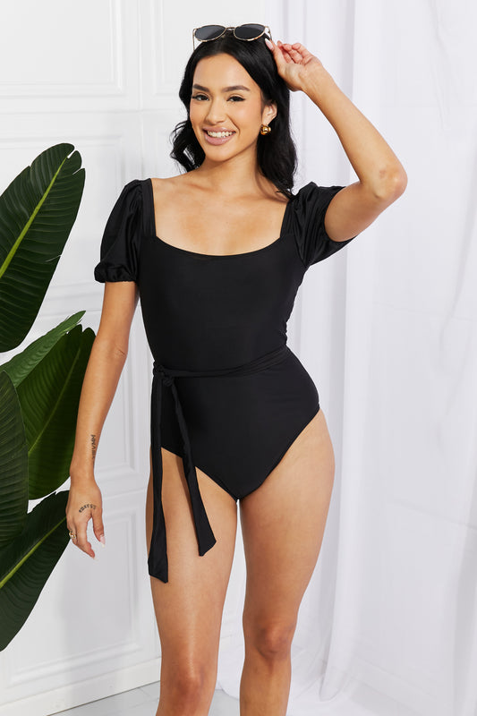 Marina West Swim Puff Sleeve One-Piece Swimsuit in Black