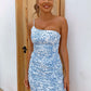 Woman wearing Blue Ditsy Floral One-Shoulder Mini Bodycon Dress