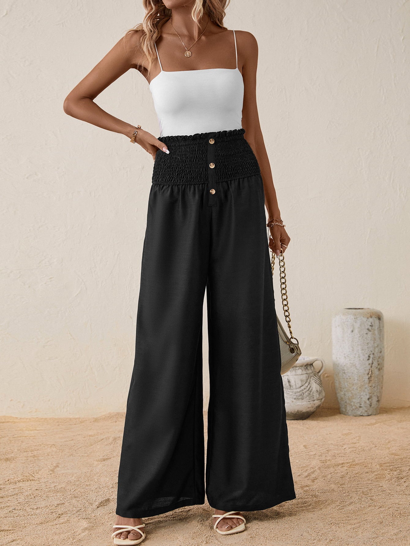 High Smocked Waist Buttoned Relax Fit Long Pants