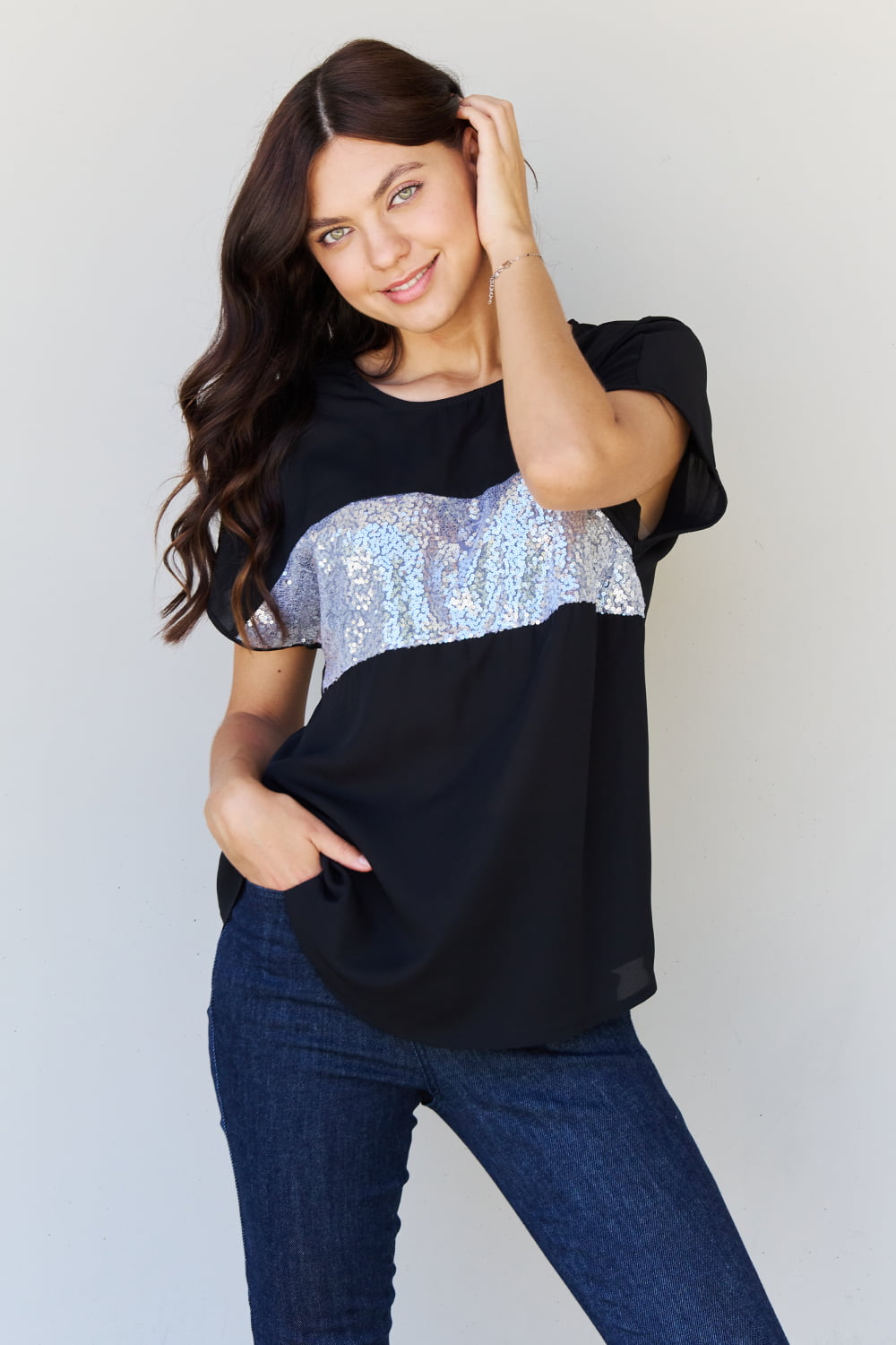 Center Mesh Sequin Top in Black/Silver