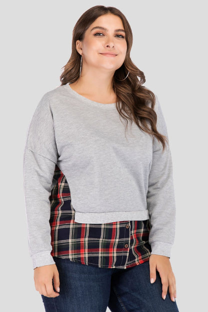 Plaid Patch Drop Shoulder Round Neck Top
