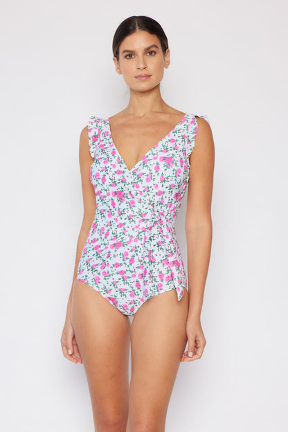 Marina West Swim Faux Wrap One-Piece in Roses Off-White