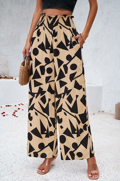 Smocked Printed Wide Leg Pants with Pockets