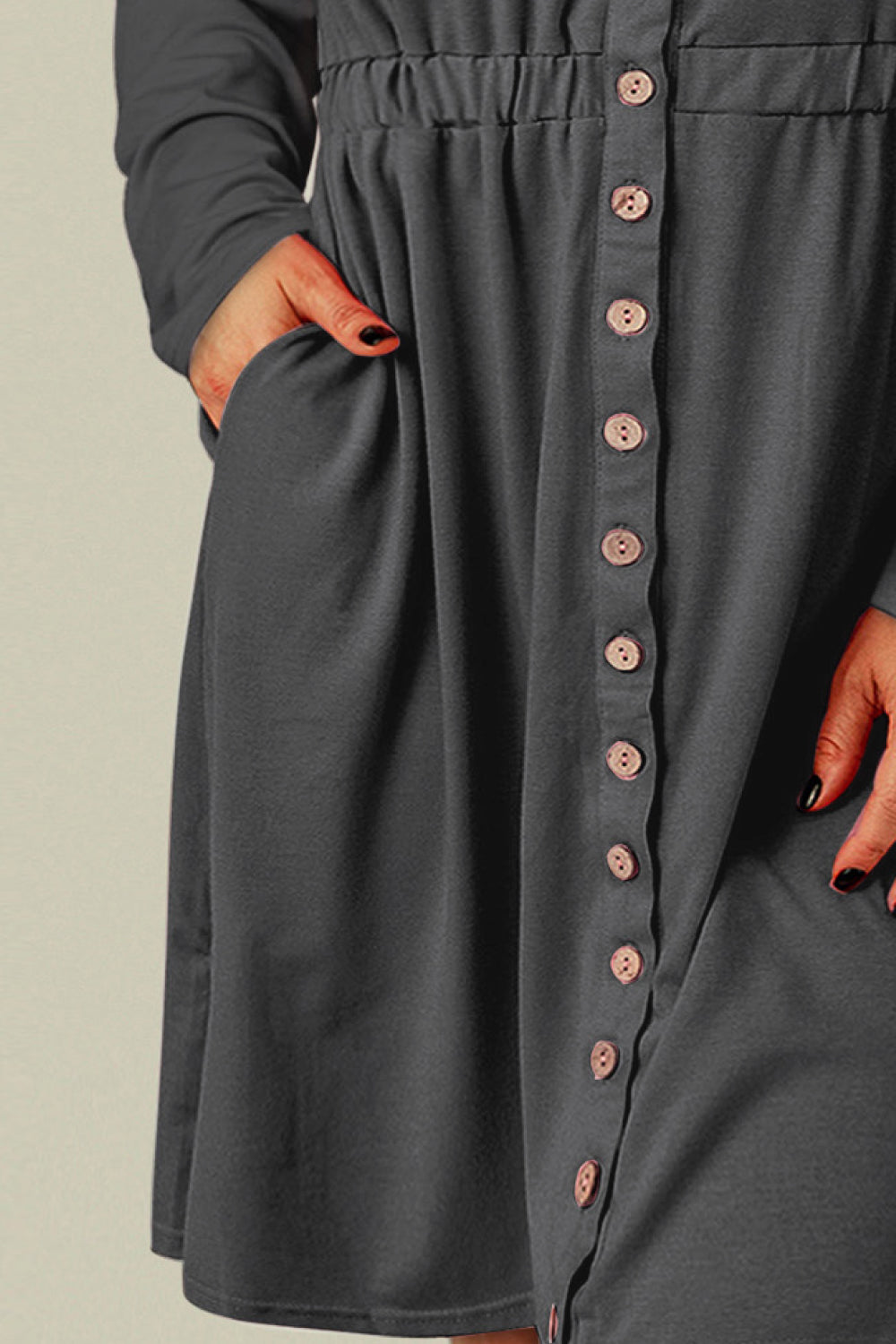 Plus Size Button Front Elastic Waist Long Sleeve Dress