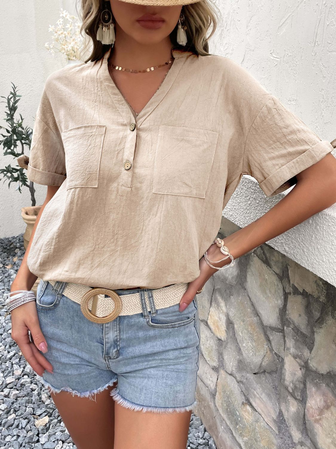 Buttoned Notched Neck Cuffed Sleeve Blouse