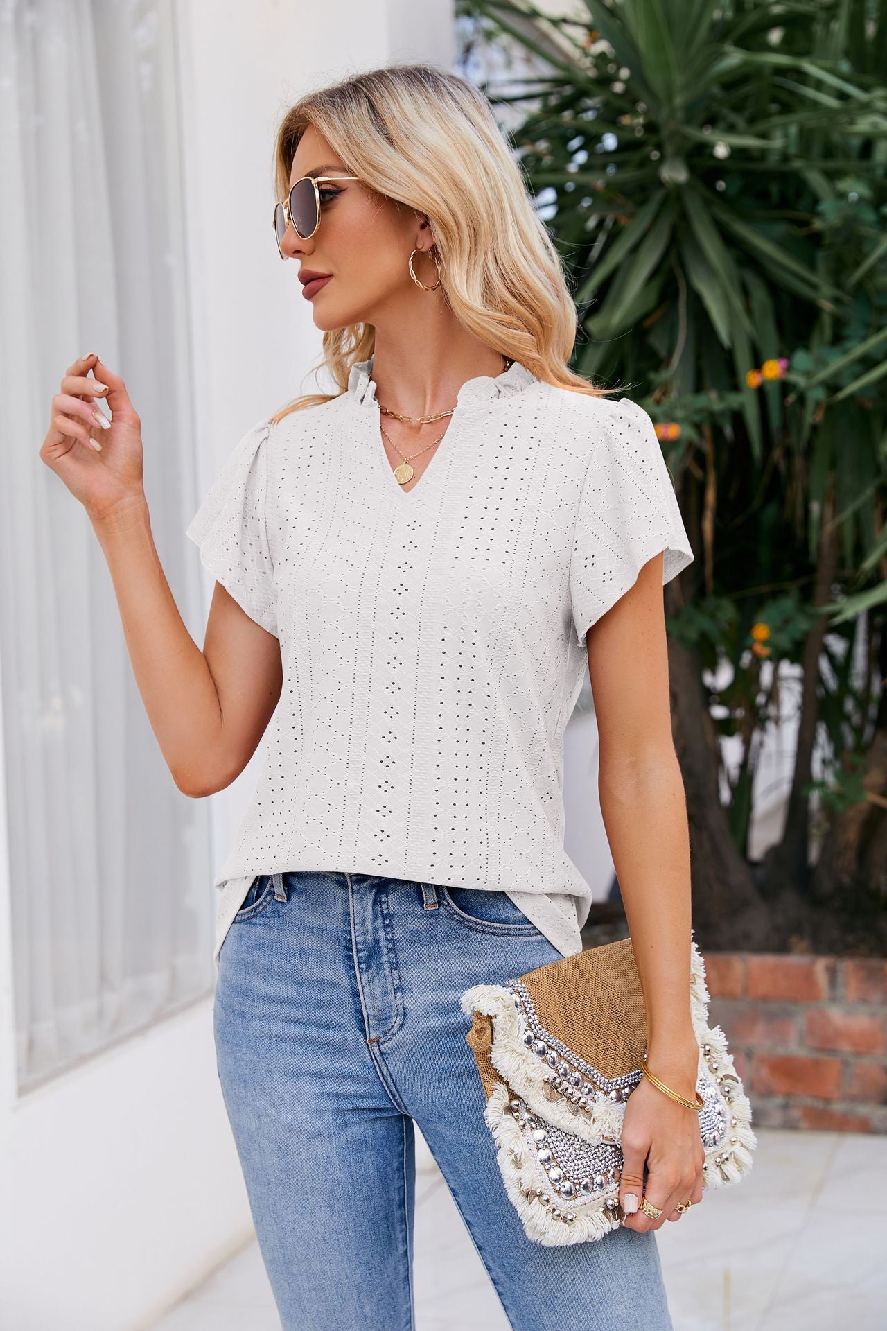 Notched Neck Puff Sleeve Blouse