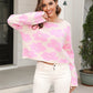 Round Neck Flower Pattern Dropped Shoulder Pullover Sweater