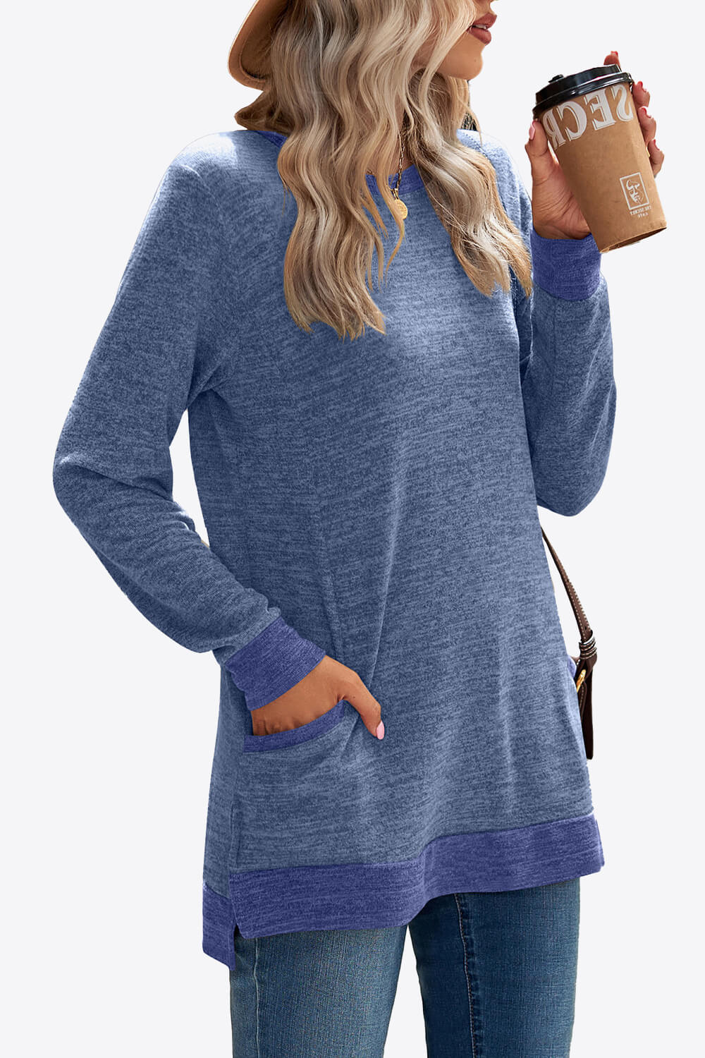 Heathered Slit Top with Pockets