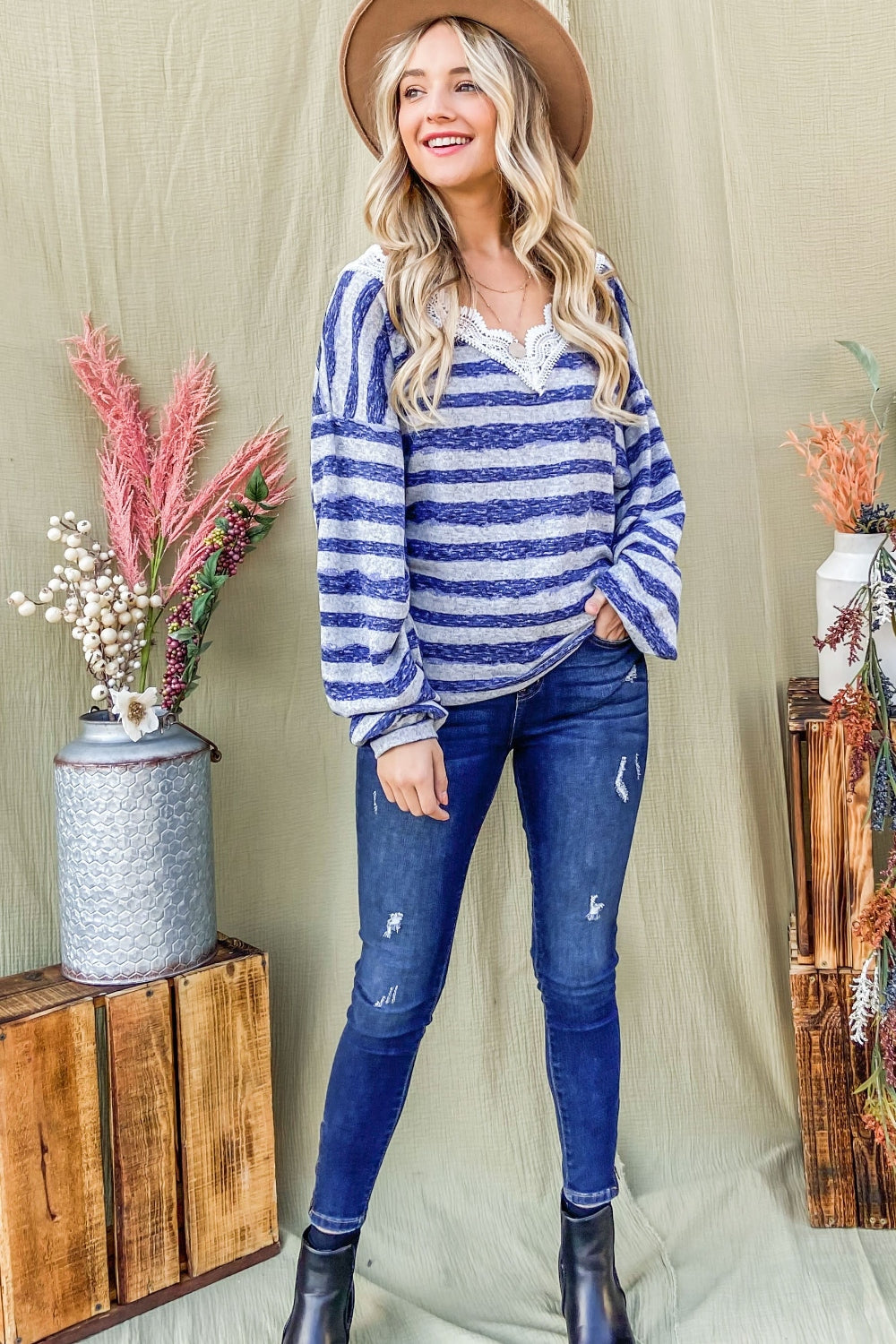 Striped Lace Detail V Neck Top